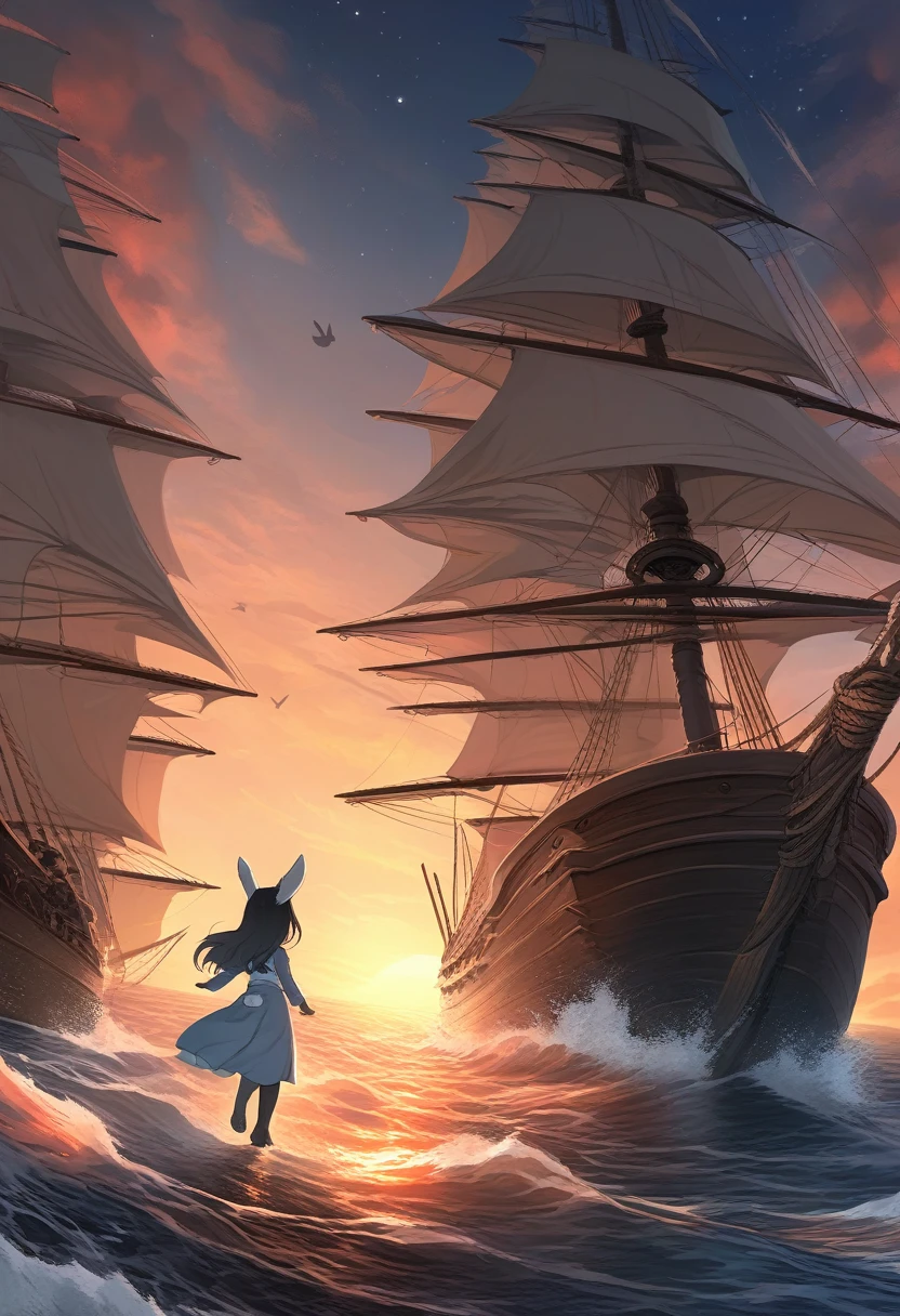 ((Masterpiece)), ((Best Quality)), (Very Detailed), ((Very Detailed)), 4K, (8K), very aesthetic, absurdres highres, 1 girl, (anthropomorphic Rabbit, furry, kemono:1.5), The decks of two pirate ships fiercely fighting on the raging sea against a sunset sky. The hull of the ship, silhouetted against the light, stands out black in the light of the setting sun. A brave female pirate raises her sharp curved sword and roars as she confronts her enemies. Her long black hair flutters in the wind, revealing the intensity of the battle. Torn sails and a damaged hull can be seen on the ship's deck, with a pirate flag flying high in the wind as flames rise. The dark blue and black sea and sky are illuminated by the red and orange light of the flames, creating a scene full of tension and a sense of adventure. In the background, distant stars twinkle faintly, adding movement to the scene along with the movement of the waves.