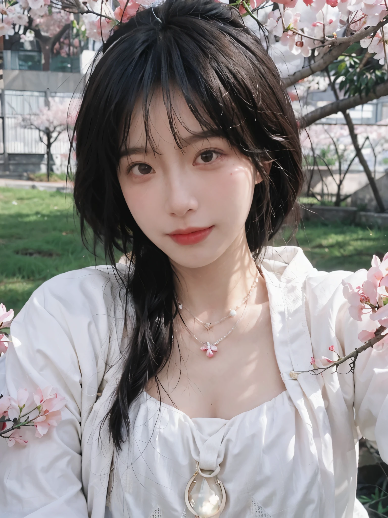 Best quality,Ultra-high resolution,(Realism:1.4),Cute tiara,Gem Girl,A pair of clear and charming peach blossom eyes,Royal sister,Sunshine on the face,Double tail,(Under the cherry trees:1.4),(necklace:1.2),(White skin:1.4),(whole body女爱:1.2)atmospheric feeling,A beautiful girl,Look directly at the audience,Close-up cleavage,(Realism:1.4),2 girls,Sexy,(whole body:1.4),