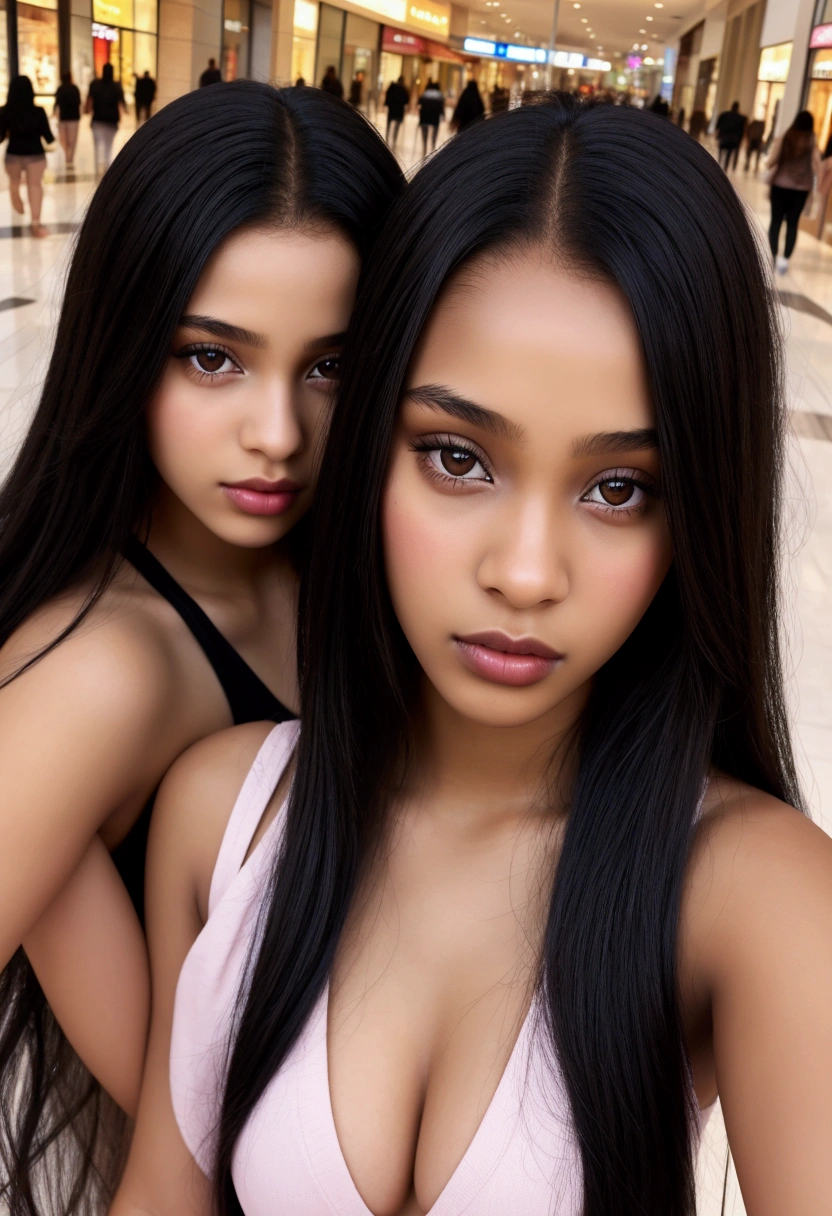 selfie, mall with friends, Young Black female perfection, 18 ans, full glossy lips, long black hair, dark brown eyes, hyper realistic, 8k --v 4