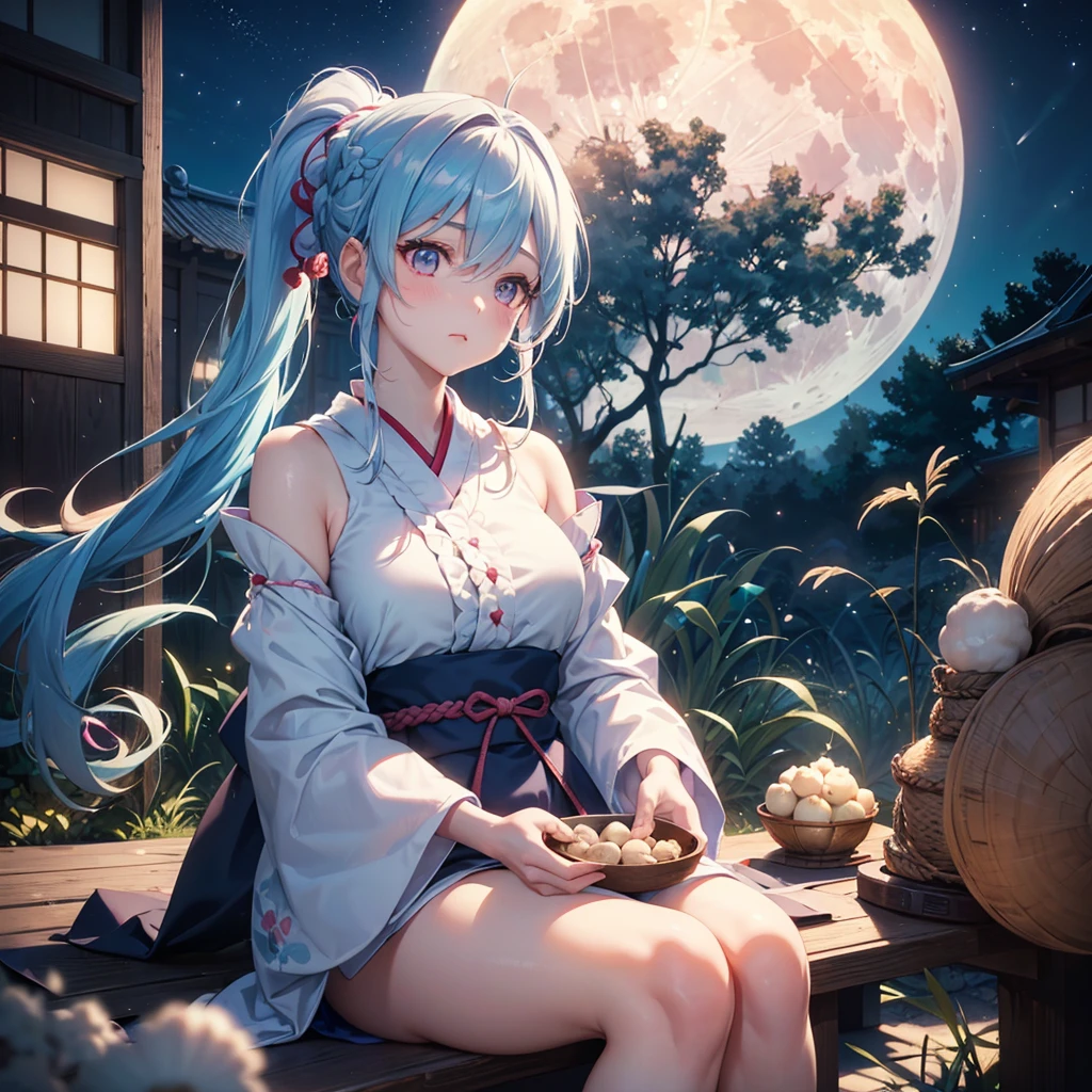 Sky blue hair, (Braided Ponytail:1.2), Pink eyes,Fair skin ,(whole body),(One Girl),Tsukimi,(White sweet dumplings ),White round dumplings,Japanese pampas grass,(beautiful, Full moon shining in the night sky),(masterpiece, Highest quality, Very detailed, Best Shadow), (Detailed Background), (Beautifully detailed face), High Contrast, (Best lighting, Very delicate and beautiful), ((Cinematic Light)), colorful, Hyper Detail,8k, Dramatic Light, Intricate details,Sit and eat dumplings while watching the moon,(Shadow of a rabbit on the moon),mysterious