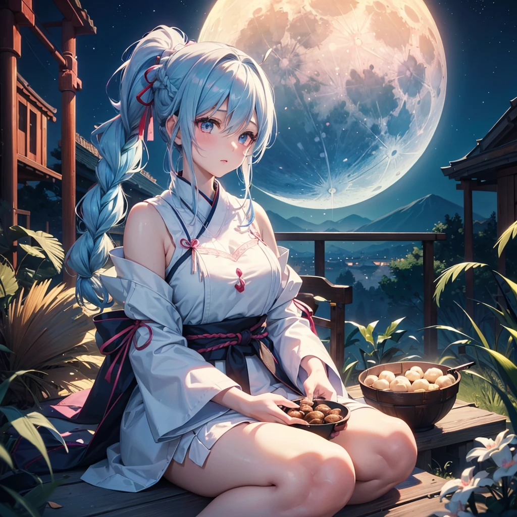 Sky blue hair, (Braided Ponytail:1.2), Pink eyes,Fair skin ,(whole body),(One Girl),Tsukimi,(White sweet dumplings ),White round dumplings,Japanese pampas grass,(beautiful, Full moon shining in the night sky),(masterpiece, Highest quality, Very detailed, Best Shadow), (Detailed Background), (Beautifully detailed face), High Contrast, (Best lighting, Very delicate and beautiful), ((Cinematic Light)), colorful, Hyper Detail,8k, Dramatic Light, Intricate details,Sit and eat dumplings while watching the moon,(Shadow of a rabbit on the moon),mysterious
