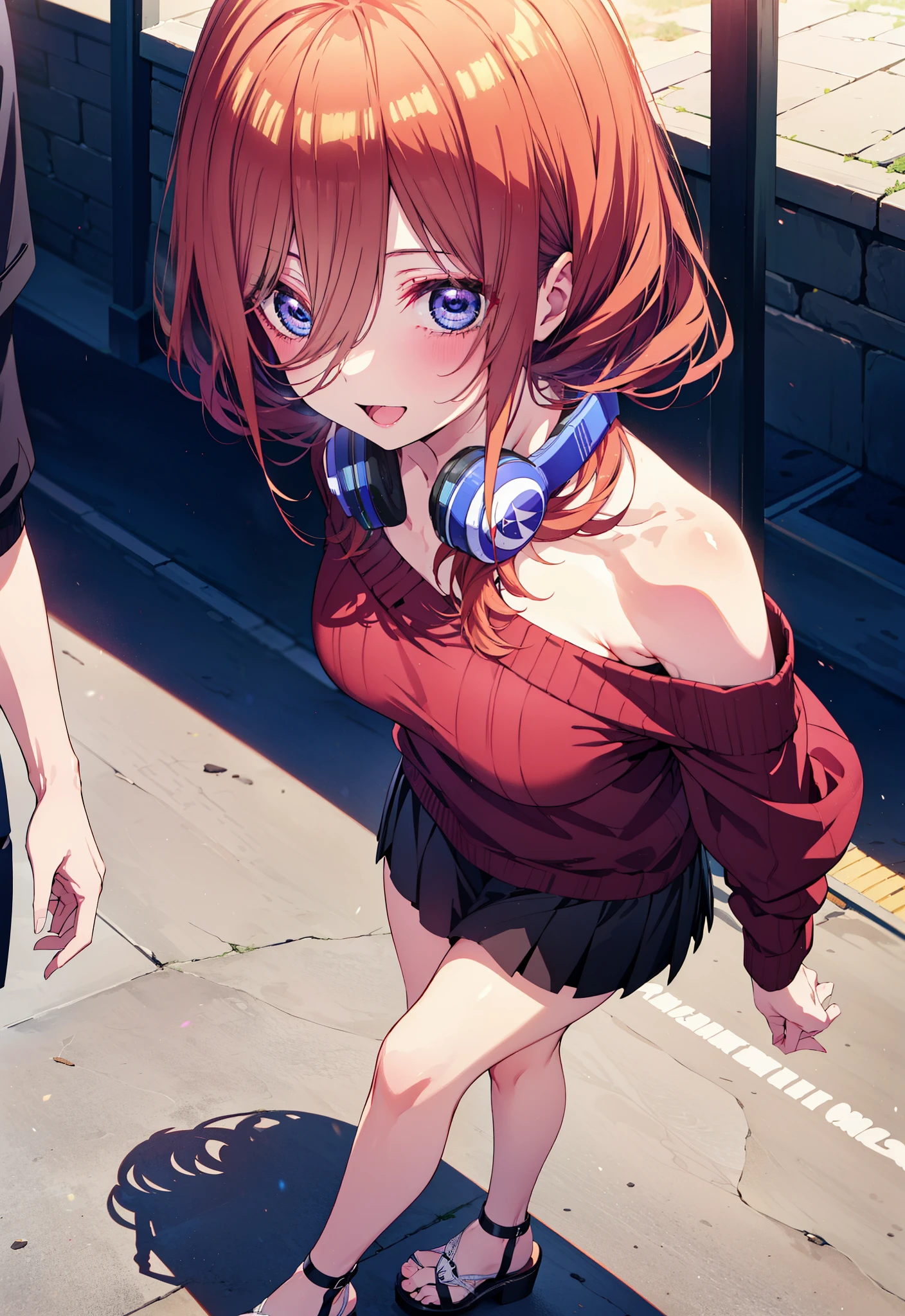 Miku Nakano, miku nakano, Long Hair, bangs, blue eyes, Brown Hair, shirt, Hair between the eyes, Headphones around neck,happy smile, smile, Open your mouth,One-shoulder sweater,Short sleeve,mini skirt,Heeled Sandals,Walking,morning,morning陽,Clear skies,whole bodyがイラストに入るように,
break outdoors, Building district,
break looking at viewer,whole body, 
break (masterpiece:1.2), Highest quality, High resolution, unity 8k wallpaper, (figure:0.8), (Beautiful attention to detail:1.6), Highly detailed face, Perfect lighting, Highly detailed CG, (Perfect hands, Perfect Anatomy),