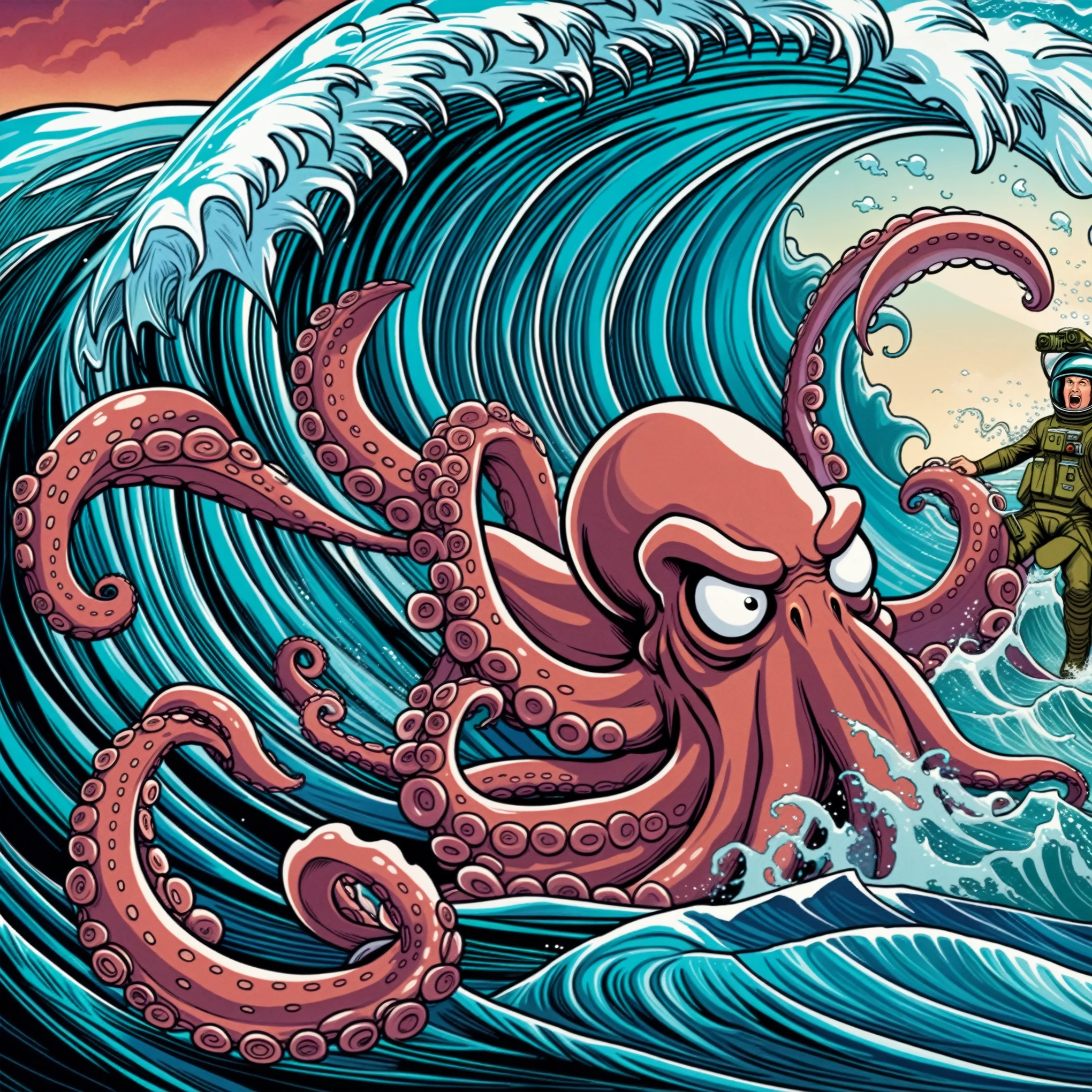 octopus attacking a man in a surfboard in a big wave, cthulhu rising from the ocean, tentacles rising from the sea, epic full color illustration, squid attack, cyborg octopus, cthulhu squid, super nova octopus, tentacle monster, octopus tentacles, an octopus fighting an astronaut, very angry squid, half octopus half machine, tentacles around, giant octopus, beautiful arms and details