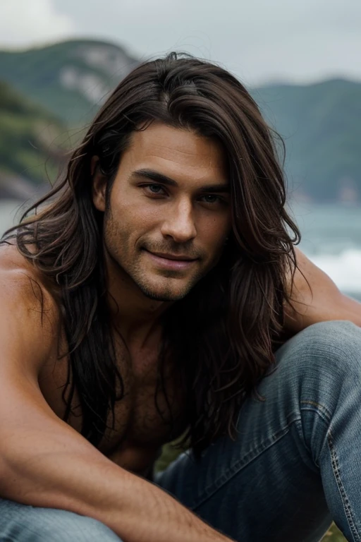 Man in his 30's, He has deep, intense eyes that are sharp and perceptive. They are a dark color, perhaps black or brown, his hair is long, dark hair that falls in waves around his face. It is thick and lustrous, giving me a wild and untamed look, his skin is smooth and unblemished, with a golden-tan hue, it gives him a rugged, outdoorsy appearance, his body is muscular and slender, he is handsome, he's wearing a and jeans, he is smiling softly