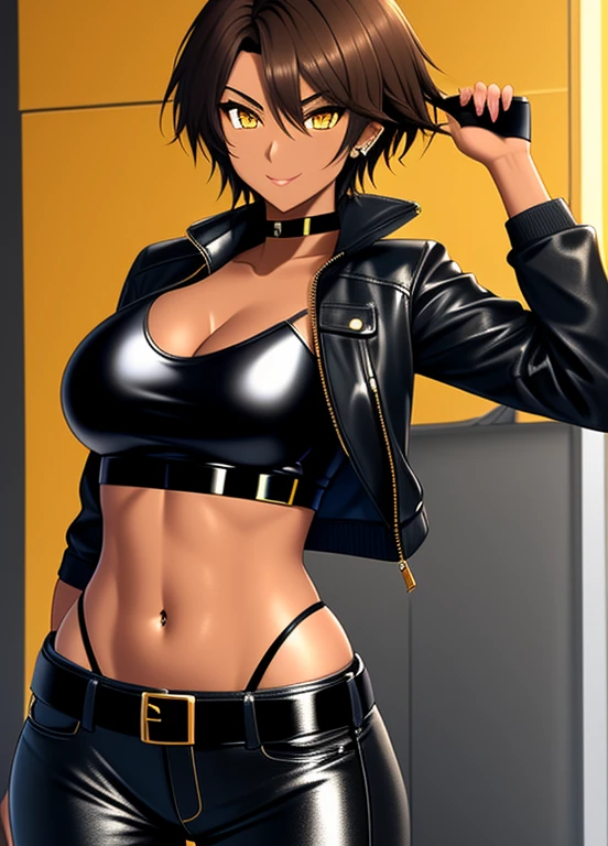 high quality, extremely detailed, perfect face, 1girl, solo, 26 years old, tomboy, (shiny skin), midriff, (tan-bronze skin), (Yellow eyes), short brown hair, medium breasts, (Cleavage), (Wearing: blue jacket, choker, Strapless black top, Belt, Black shiny leather pants), tight fitting clothing, piercings, toned, hourglass figure, athletic, snarky expression, wide smile, at rave, nightclub,
