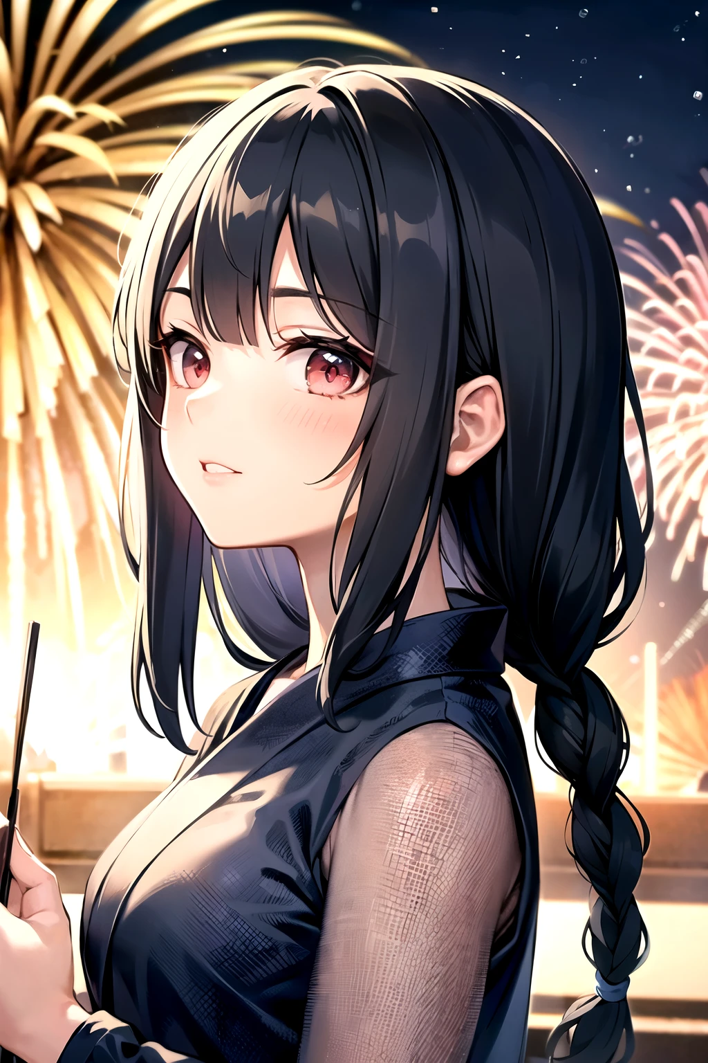 Ichinose Uruha, Long Black Hair, Hairstyle(Braiding), Hairstyle(((black navy blue, Dark navy blue mesh))), pupil(purple),Looking up,(
Upper body close-up)yukata,Fireworks in the background