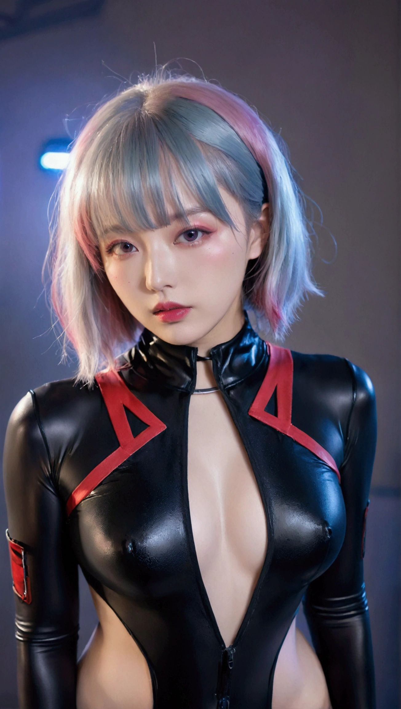 1girl, solo, breasts, looking at viewer, short hair, bangs, bare shoulders, jacket, multicolored hair, open clothes, leotard, lips, grey eyes, bodysuit, makeup, black leotard, red lips, cyberpunk, lucy \(cyberpunk\)