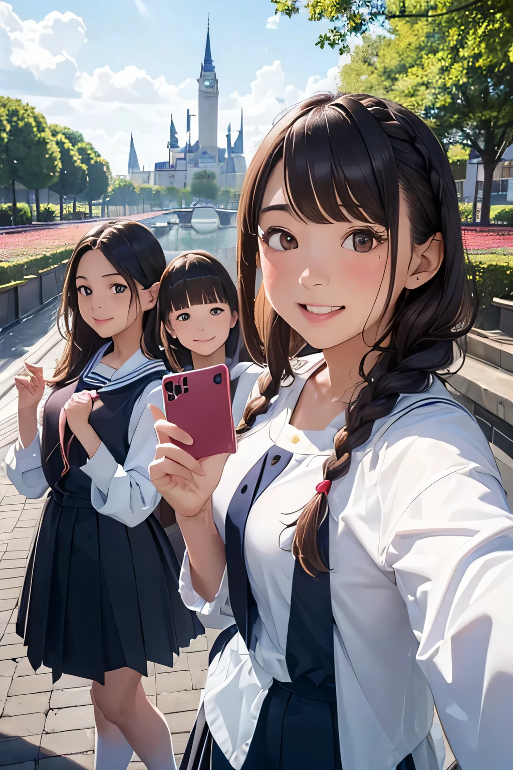 Highest quality、High resolution、Detailed Background、(Beautiful face in every detail:1.4)、Anatomically correct、Highly detailed face、Detailed eyes、Teenage beauty、Huge breasts、Perfect body line、Brown Hair、Black Hair、Braided bob cut、ponytail、Wavy Hairstyle、well-groomed eyebrows、Shiny navy blue sailor suit、White sailor collar、Checkered pleated skirt、White Stockings、School trip、A big smile、smile、A playful and fun atmosphere、Huis Ten Bosch、Tulip Fields、Natural beauty、Fantasy、
(Three girls taking a selfie with a famous spot in the background:1.5)、
Huis Ten Bosch is located in Sasebo, Nagasaki Prefecture.、It is a large-scale theme park that seems to recreate a European cityscape.、
Tulip Fields, illuminations and more for each season々The beautiful scenery spreads out before you, and there are plenty of attractions that can be enjoyed by both adults and children.、cute