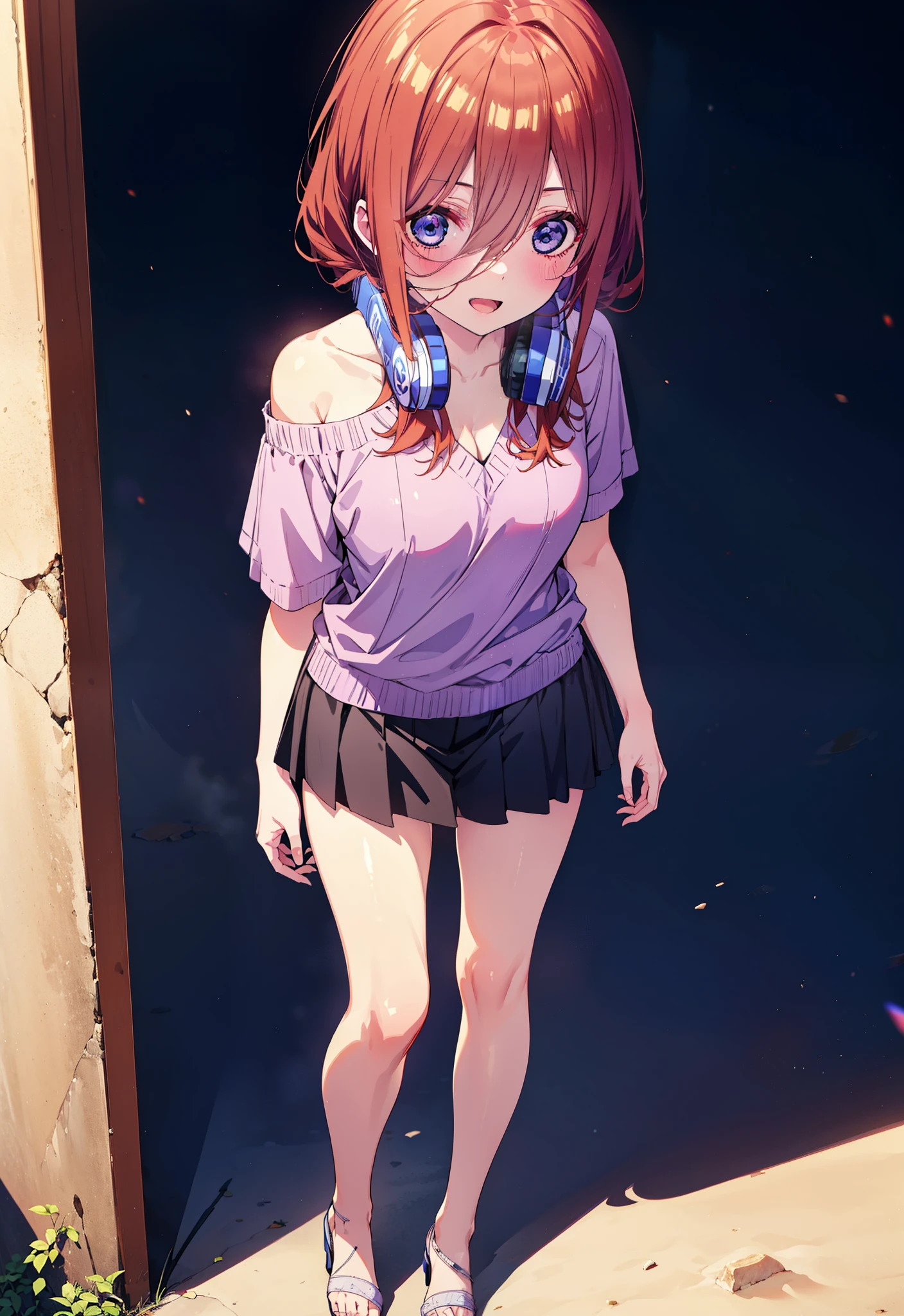 Miku Nakano, miku nakano, Long Hair, bangs, blue eyes, Brown Hair, shirt, Hair between the eyes, Headphones around neck,happy smile, smile, Open your mouth,One-shoulder sweater,mini skirt,Heeled Sandals,Walking,morning,morning陽,Clear skies,whole bodyがイラストに入るように,
break outdoors, Building district,
break looking at viewer,whole body,
break (masterpiece:1.2), Highest quality, High resolution, unity 8k wallpaper, (figure:0.8), (Beautiful attention to detail:1.6), Highly detailed face, Perfect lighting, Highly detailed CG, (Perfect hands, Perfect Anatomy),