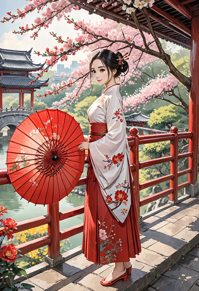 oil paper umbrella,1girl,solo,black hair,hair bun,hair ornament,chinese clothes,tree,railing,single hair bun,full body,flower,branch,standing,outdoors,bridge,long hair,looking at viewer,from side,