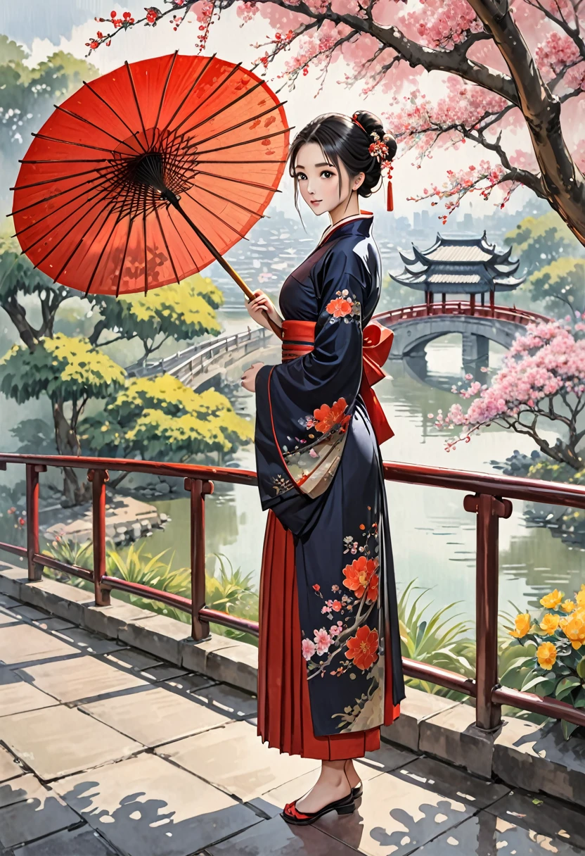 oil paper umbrella,1girl,solo,black hair,hair bun,hair ornament,chinese clothes,tree,railing,single hair bun,full body,flower,branch,standing,outdoors,bridge,long hair,looking at viewer,from side,