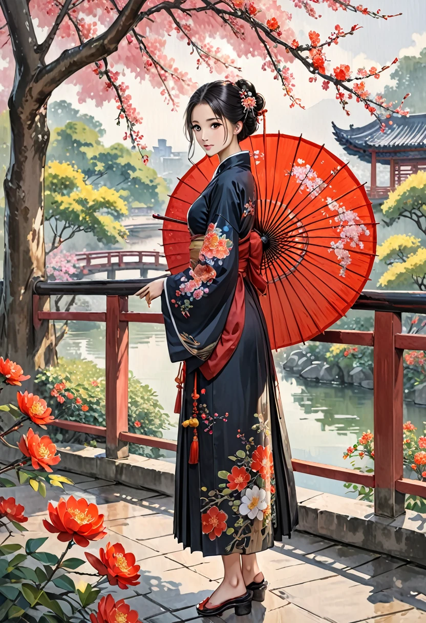 oil paper umbrella,1girl,solo,black hair,hair bun,hair ornament,chinese clothes,tree,railing,single hair bun,full body,flower,branch,standing,outdoors,bridge,long hair,looking at viewer,from side,