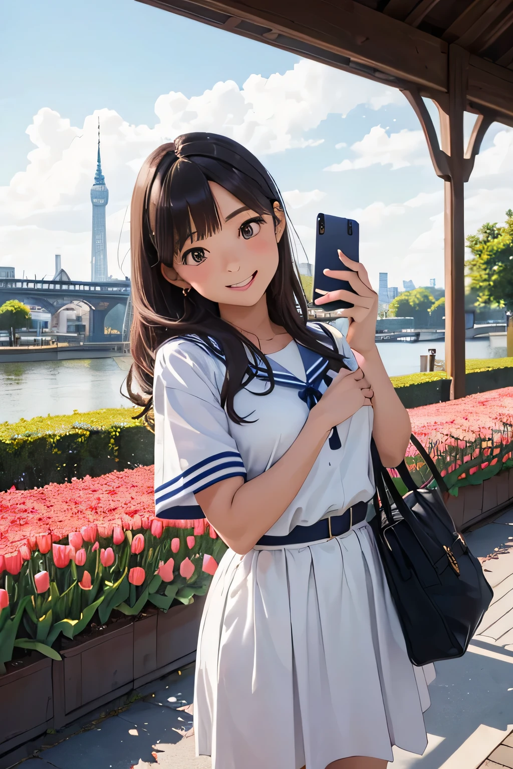 Highest quality、High resolution、Detailed Background、(Beautiful face in every detail:1.4)、Anatomically correct、(Normal number of fingers:1.2)、Highly detailed face、Detailed eyes、age beauty、Huge breasts、Perfect body line、Brown Hair、Black Hair、Braided bob cut、ponytail、Wavy Hairstyle、well-groomed eyebrows、Shiny navy blue sailor suit、White sailor collar、Checkered pleated skirt、White Stockings、School trip、A big smile、smile、A playful and fun atmosphere、Huis Ten Bosch、Tulip Fields、Natural beauty、Fantasy、
(Three girls taking a selfie with a famous spot in the background:1.5)、
Huis Ten Bosch is located in Sasebo, Nagasaki Prefecture.、It is a large-scale theme park that seems to recreate a European cityscape.、
Tulip Fields, illuminations and more for each season々The beautiful scenery spreads out before you, and there are plenty of attractions that can be enjoyed by both adults and children.、cute