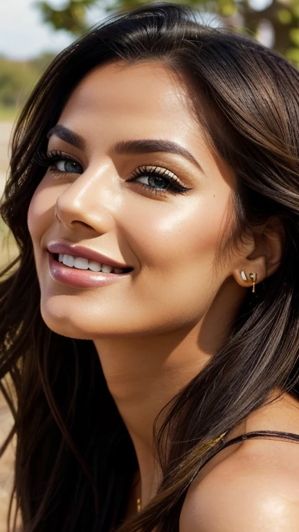 lhr piercing eyes, looking straight, very happy, retrato em close, detailed face and body LOreal makeup with shiny gold eyeshadow striking black eyeliner and nude lipstick the skin is smooth and radiant with a healthy glow outdoors sunny day natural makeup sincere pose friendly smile natural light wind in hair scenic background,generous neckline