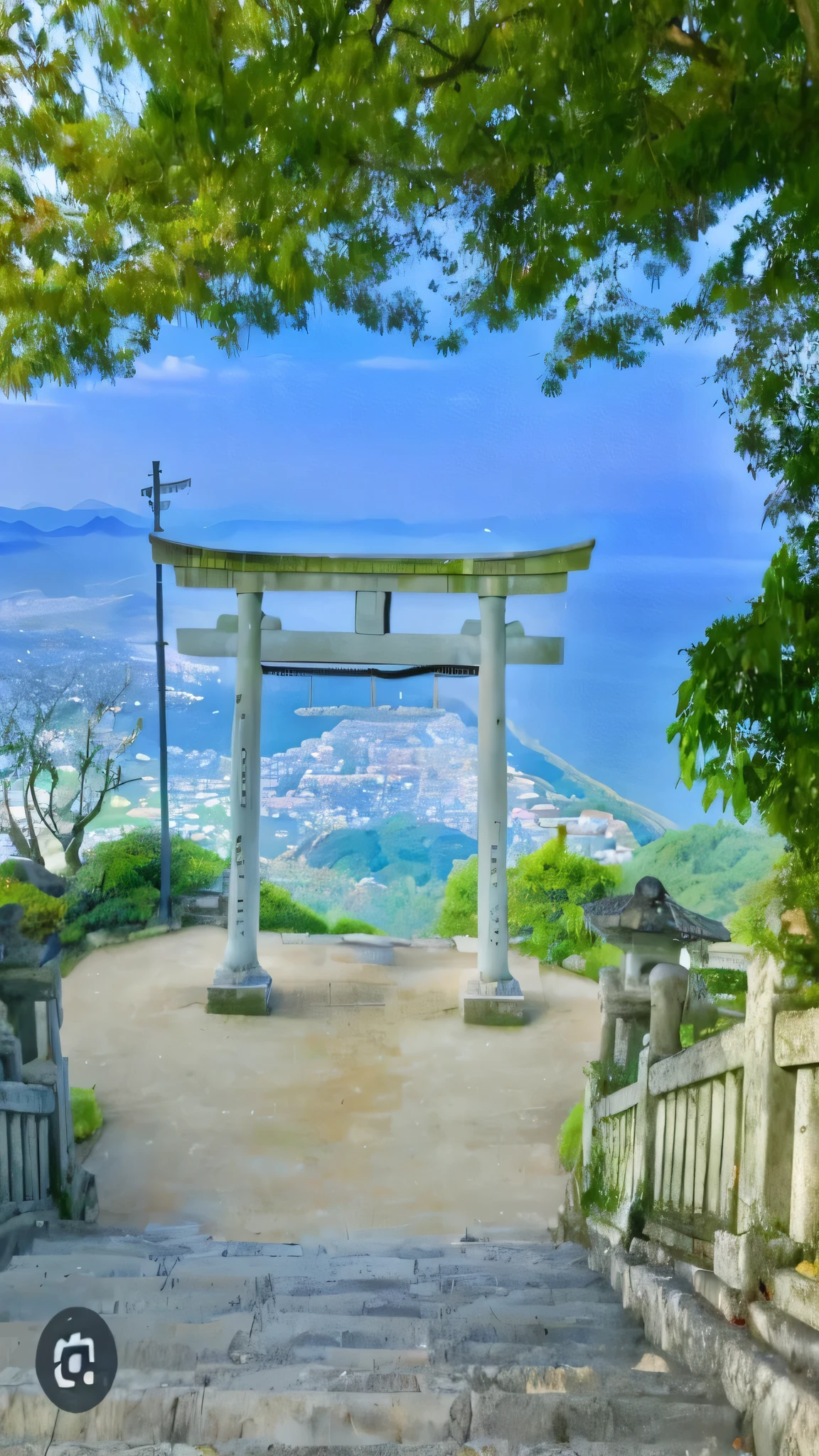 A breathtaking high-resolution landscape featuring a traditional Japanese torii gate atop a stone staircase, overlooking a vast and scenic view. The gate is surrounded by lush greenery and trees, framing the serene and picturesque vista below. The view extends to a coastal area with a beautiful blue ocean meeting the sky on the horizon. The atmosphere is peaceful and inviting, with clear skies and vibrant colors enhancing the natural beauty of the scene. The image captures every detail in perfect clarity, from the texture of the stone steps to the leaves on the trees and the distant landscape.High resolution, highest quality, quality, Ultra high definition, clair obscur, Cinematic light effects,
