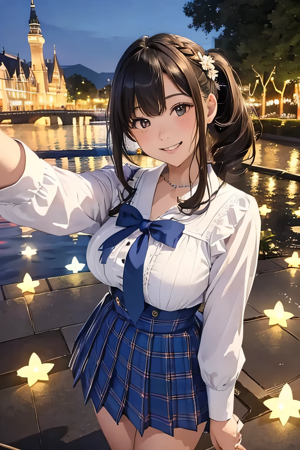 Highest quality、High resolution、Detailed Background、(Beautiful face in every detail:1.4)、Anatomically correct、(Normal number of fingers:1.2)、Highly detailed face、(Detailed eyes:1.2)、Teenage beauty、Huge breasts、Perfect body line、Light color hair、Braided bob cut、ponytail、Wavy Hairstyle、well-groomed eyebrows、Shiny navy blue sailor suit、White sailor collar、Checkered pleated skirt、White Stockings、School trip、A big smile、smile、In a joking manner、Huis Ten Bosch、Tulip Fields、Fantasy、(night、illumination:1.5)、Romantic night、
(Three girls taking a selfie with a famous spot in the background:1.5)、
Huis Ten Bosch is located in Sasebo, Nagasaki Prefecture.、It is a large-scale theme park that seems to recreate a European cityscape.、
Tulip Fields, illumination, and other seasonal々The beautiful scenery spreads out before you, and there are plenty of attractions that can be enjoyed by both adults and children.、In winter, the entire park is illuminated with brilliant lights.、光のトンネルや光の庭園などFantasyな空間が広がりRomantic nightを過ごすことができます、cute
