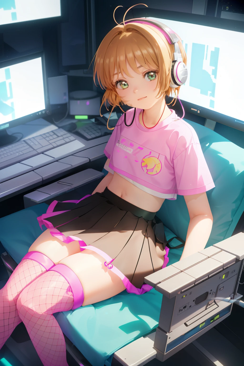 (ultra realistic, girl, short hair, headphones, sitting, slumped in an armchair, in a futuristic cabin, surrounded by monitors, and olographic screens , view from above, pink lights, flat chest, -adohe looks with smug, mini-skirt, visible panties. Fishnet thighhighs, open legs