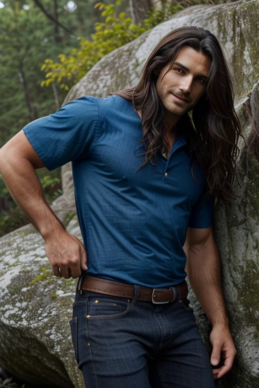 Man in his 30's, He has deep, intense eyes that are sharp and perceptive. They are a dark color, perhaps black or brown, his hair is long, dark hair that falls in waves around his face. It is thick and lustrous, giving me a wild and untamed look, his skin is smooth and unblemished, with a golden-tan hue, it gives him a rugged, outdoorsy appearance, his body is muscular and slender, he is handsome, he's wearing a blue shirt and jeans, he is smiling softly