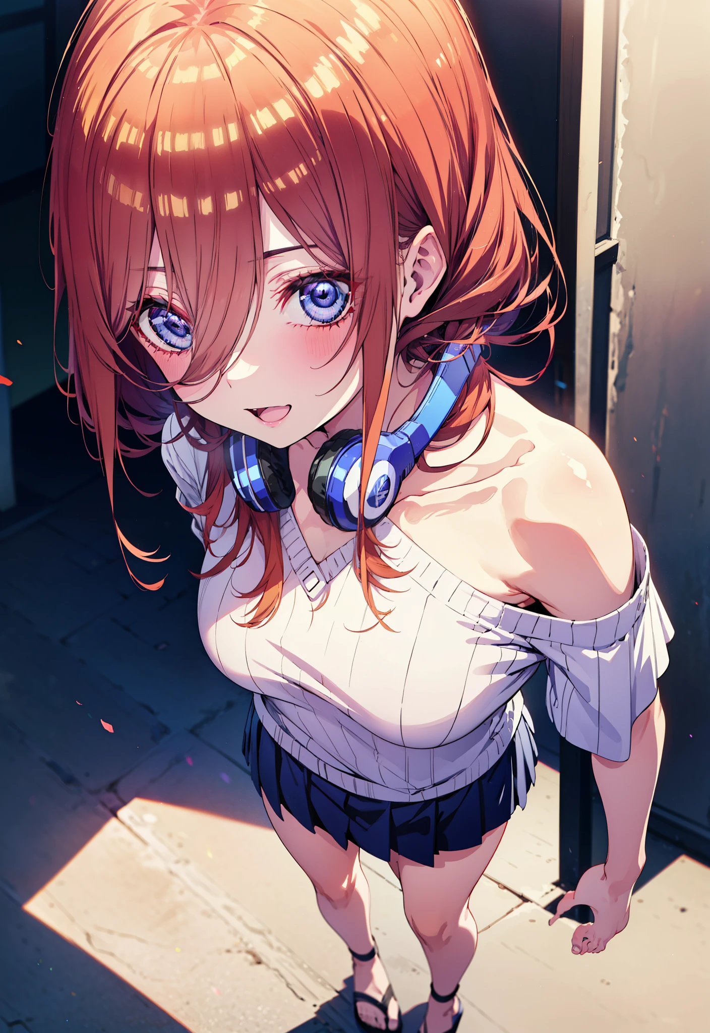 Miku Nakano, miku nakano, Long Hair, bangs, blue eyes, Brown Hair, shirt, Hair between the eyes, Headphones around neck,happy smile, smile, Open your mouth,One-shoulder sweater,Short sleeve,mini skirt,Heeled Sandals,Walking,morning,morning陽,Clear skies,whole bodyがイラストに入るように,
break outdoors, Building district,
break looking at viewer,whole body, 
break (masterpiece:1.2), Highest quality, High resolution, unity 8k wallpaper, (figure:0.8), (Beautiful attention to detail:1.6), Highly detailed face, Perfect lighting, Highly detailed CG, (Perfect hands, Perfect ???????),