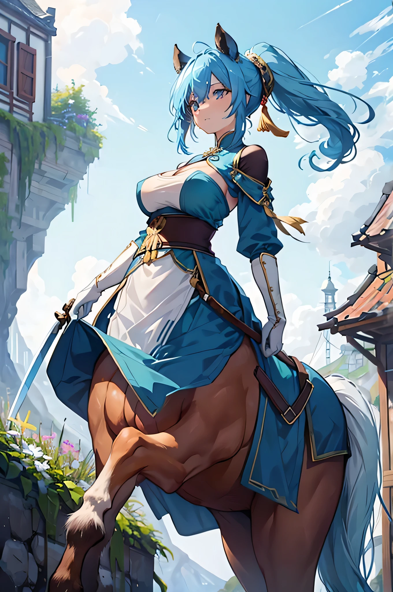 4K,High resolution,One Woman,centaur,Blue Hair,Short Ponytail,Big Breasts,Brown fur,Swordsman,White Chinese dress,White gloves,Jewelry decoration,Japanese sword,Medieval town