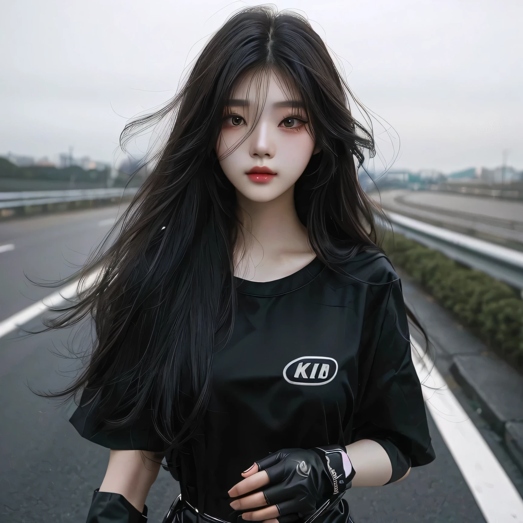 a close up of a person with long hair and gloves on a road, ulzzang, cruel korean goth girl, e - girl, e-girl, korean girl,