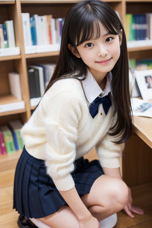(((masterpiece))), (((Full body photo)))， (Beautiful Japanese Girl, Innocence，cute) ，Ultra-high resolution, Realistic, Ultra-detailed, 8k,Highest quality, Very detailed, Detailed Background,Slender,とてもBeautiful Japanese Girl, Detailed face:1.3), (Fluffy long hair,Black-haired :1.4), (Baby Face，cute系,Adorable 12 year old girl), (Perfect body:1.1),，Cute Smile:、show me your beautiful teeth、非常にDetailed face、Detailed lips、Detailed eyes、 gravure idol，Clear Skin、Realistic:1.37，No makeup，Neutral lighting,(Highest quality, masterpiece), (One girl, alone, school uniform,Navy blue jumper skirt,,Are standing , View your viewers, Beautiful clavicle、have a paperback book、Mouth closed, Upper Body),(at the library)