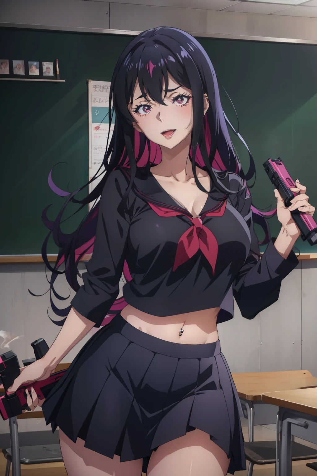 magase ai,  long hair, black collar, blush, lipstick, long hair, crazy eyes ,Hot girl, baddie, staring, glaring, bad attitude, mean girl, crazy, smoking, sensual, attractive, masterpiece, best quality, highly detailed, a anime girls in sailor uniforms with a gun posing for a picture,
evil smile, smile, open mouth,black_serafuku, ecchi anime style, anime girls , (nsfw) not safe for work,
ecchi style, ecchi, shipgirls, digital anime art!!, high school girls, holding a gun, hold a gun, anime style 4
k, micro skirt, exposed belly, exposed navel, exposed midriff, holding pistol,underboob,
exposed lower belly,school, classroom, navel piercing