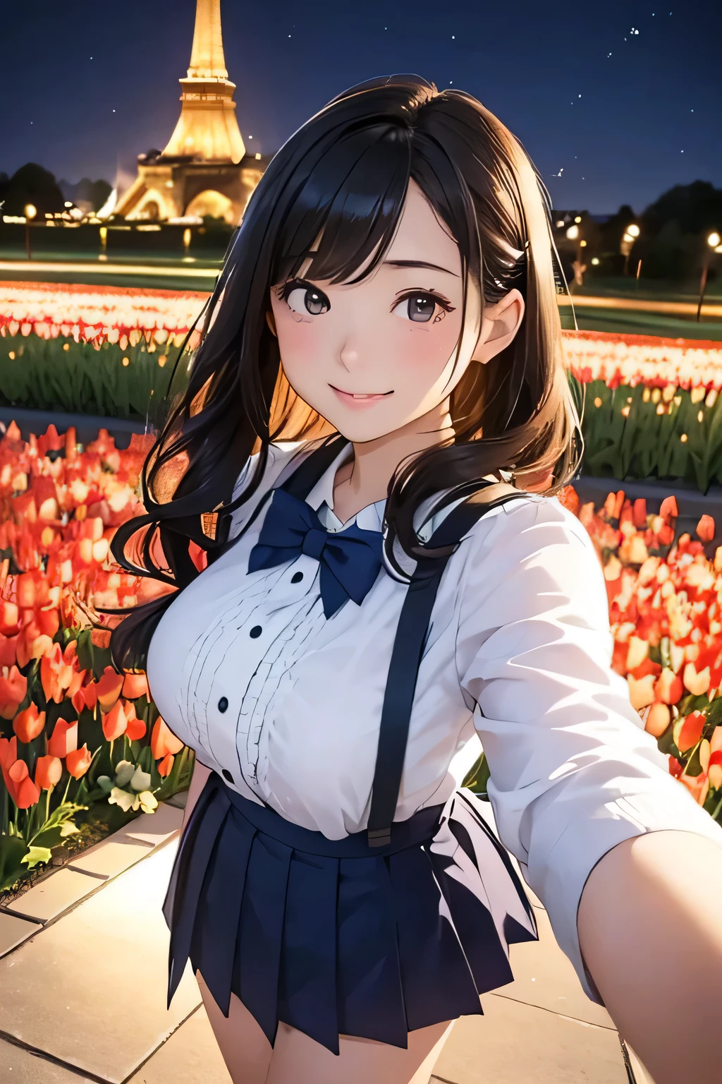 Highest quality、High resolution、Detailed Background、(Beautiful face in every detail:1.4)、Anatomically correct、(Normal number of fingers:1.2)、Highly detailed face、(Detailed eyes:1.2)、Teenage beauty、Huge breasts、Perfect body line、Light color hair、Braided bob cut、ponytail、Wavy Hairstyle、well-groomed eyebrows、Shiny navy blue sailor suit、White sailor collar、Checkered pleated skirt、White Stockings、School trip、A big smile、smile、In a joking manner、Huis Ten Bosch、Tulip Fields、Fantasy、(night、illumination:1.5)、Romantic night、
(Three girls taking a selfie with a famous spot in the background:1.5)、
Huis Ten Bosch is located in Sasebo, Nagasaki Prefecture.、It is a large-scale theme park that seems to recreate a European cityscape.、
Tulip Fields, illumination, and other seasonal々The beautiful scenery spreads out before you, and there are plenty of attractions that can be enjoyed by both adults and children.、In winter, the entire park is illuminated with brilliant lights.、光のトンネルや光の庭園などFantasyな空間が広がりRomantic nightを過ごすことができます、cute