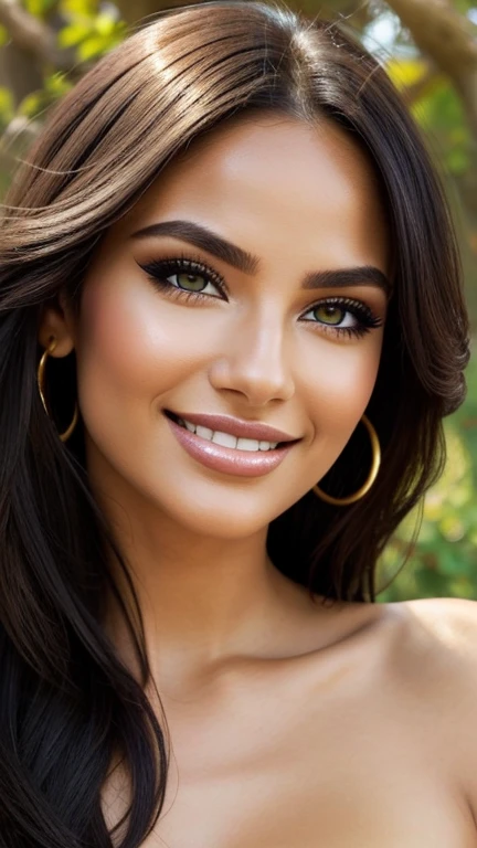 lhr piercing eyes, looking straight, very happy, retrato em close, detailed face and body LOreal makeup with shiny gold eyeshadow striking black eyeliner and nude lipstick the skin is smooth and radiant with a healthy glow outdoors sunny day natural makeup sincere pose friendly smile natural light wind in hair scenic background,generous neckline