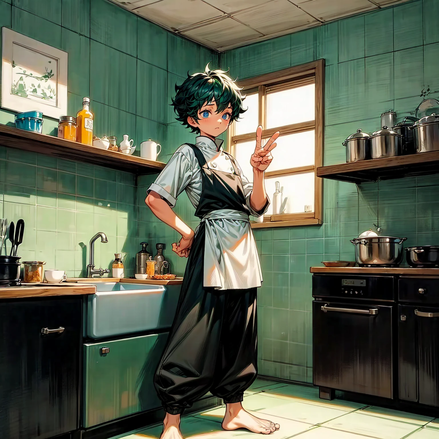 Solo character, full body version, baby ??? boy, his height is short, blue eyes, green half black color hair, short Curly haircut, Chef outfit, black pants, no shoes, no shock, detailed background, indoor, town, kitchen, cooking gesture, bleach style art,