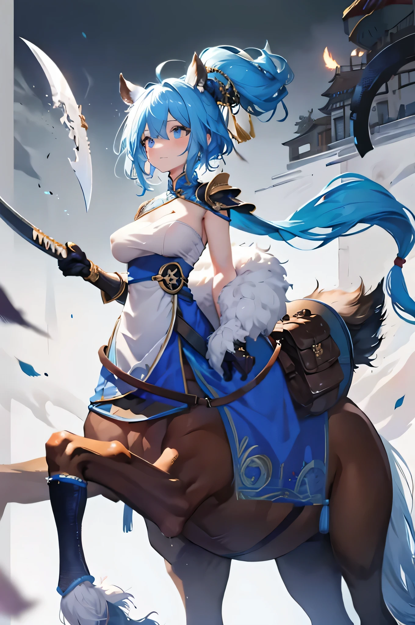 4K,High resolution,One Woman,centaur,Blue Hair,Short Ponytail,Big Breasts,Brown fur,Swordsman,White Chinese dress,Well good,White gloves,Jewelry decoration,Chinese Knife,Medieval town