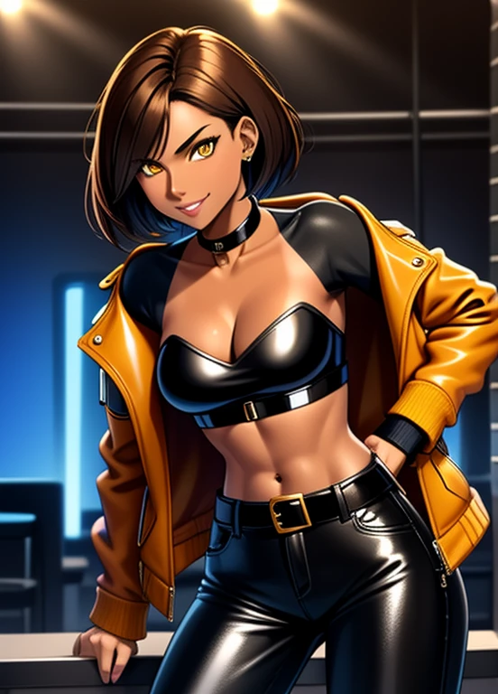 high quality, extremely detailed, perfect face, 1girl, solo, 26 years old, tomboy, (shiny skin), midriff, (tan-bronze skin), (Yellow eyes), short brown hair, medium breasts, (Cleavage), (Wearing: blue jacket, choker, Strapless black top, Belt, Black shiny leather pants), tight fitting clothing, piercings, toned, hourglass figure, athletic, snarky expression, wide smile, at rave, nightclub,