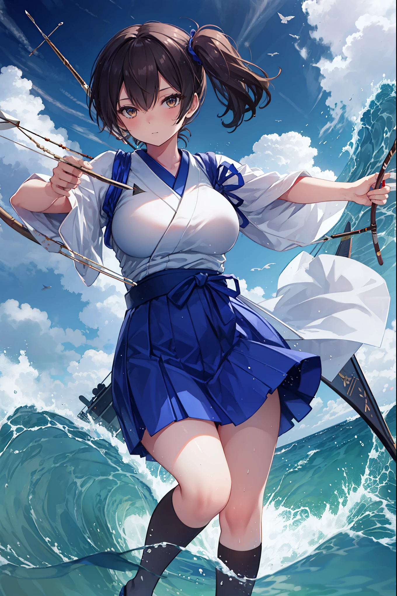 Kaga(Fleet Collection),highest quality, masterpiece, High resolution,kimono,blue skirt,side ponytail,big_breasts,solo,Japanese_bow&arrow,dynamic_posing,half_eyes,solo,plump,sea_landscape_background,waves