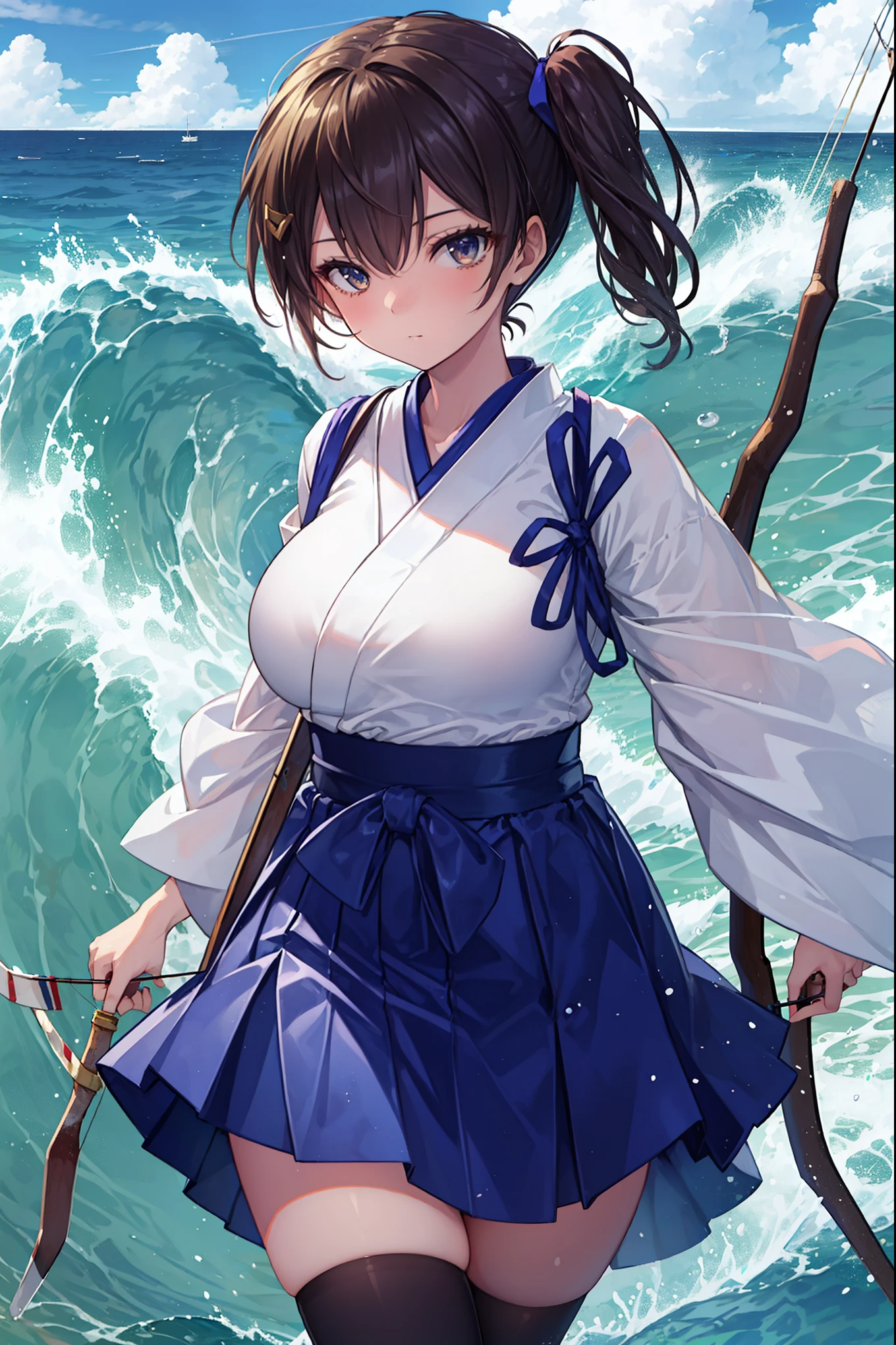 Kaga(Fleet Collection),highest quality, masterpiece, High resolution,kimono,blue skirt,side ponytail,big_breasts,solo,Japanese_bow&arrow,dynamic_posing,half_eyes,solo,plump,sea_landscape_background,waves