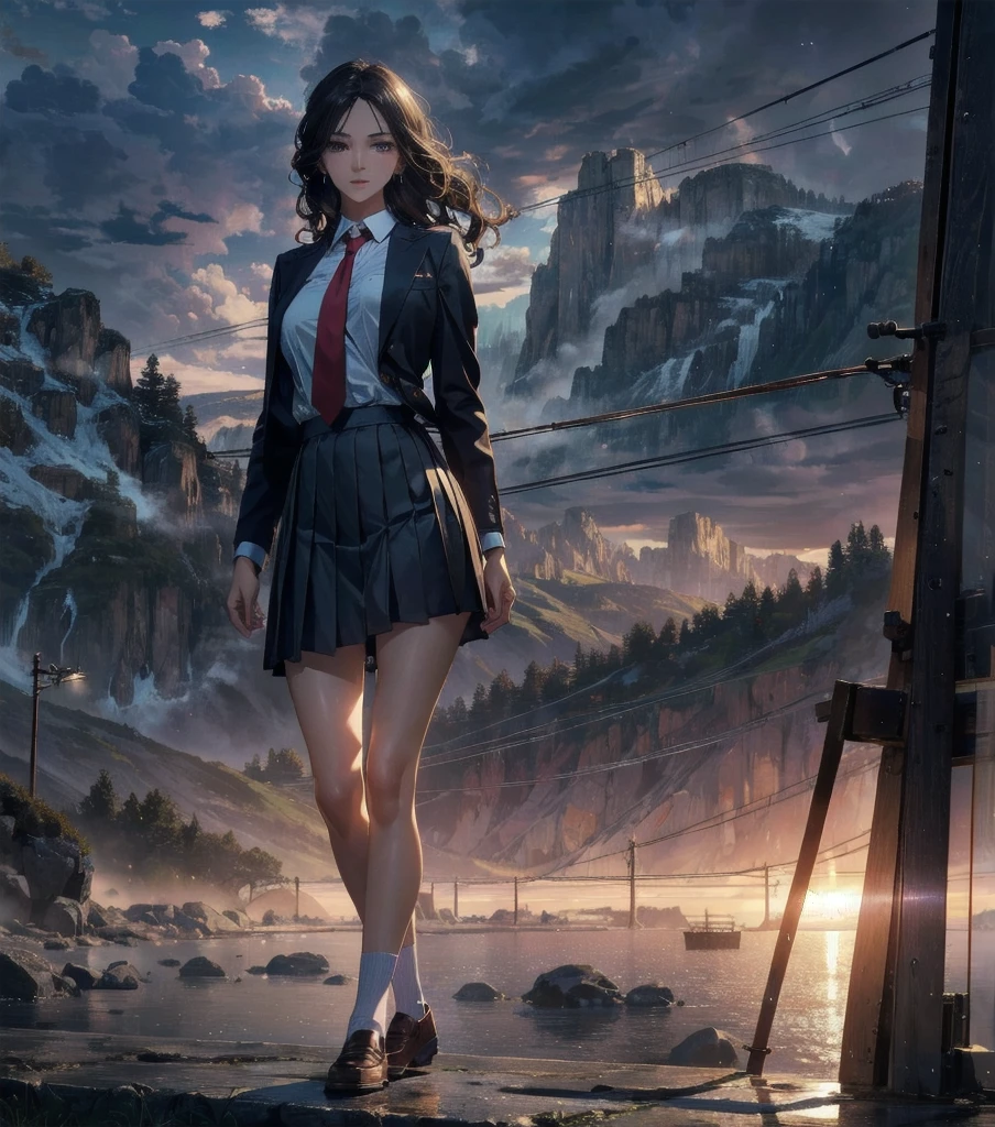 absurdres, RAW photo, extremely delicate and beautiful, masterpiece, Best Quality, ultra high resolution, 32k, hyperrealistic, ultra-detailed, Very detailed CG 8k wallpaper, detailed background, landscape, Beautiful Lighting, Perfect Lightning, Realistic Shadows, perfect anatomy, anatomically correct, ideal ratio body proportions, perfect figure, Perfect Style, Perfect balance, super Detailed skin, in her 30s, very Slim body, narrow waist, very small head, very small face, delicate facial features, handsome detailed woman, very detailed eyes and face, realistic face proportions, Realistic beautiful face, Realistic beautiful eyes, tearful mole, earring, whole body shot, very huge round tits, medium hair, asymmetrical hair, wavy hair, outdoor, red tie, School_uniform skirt,