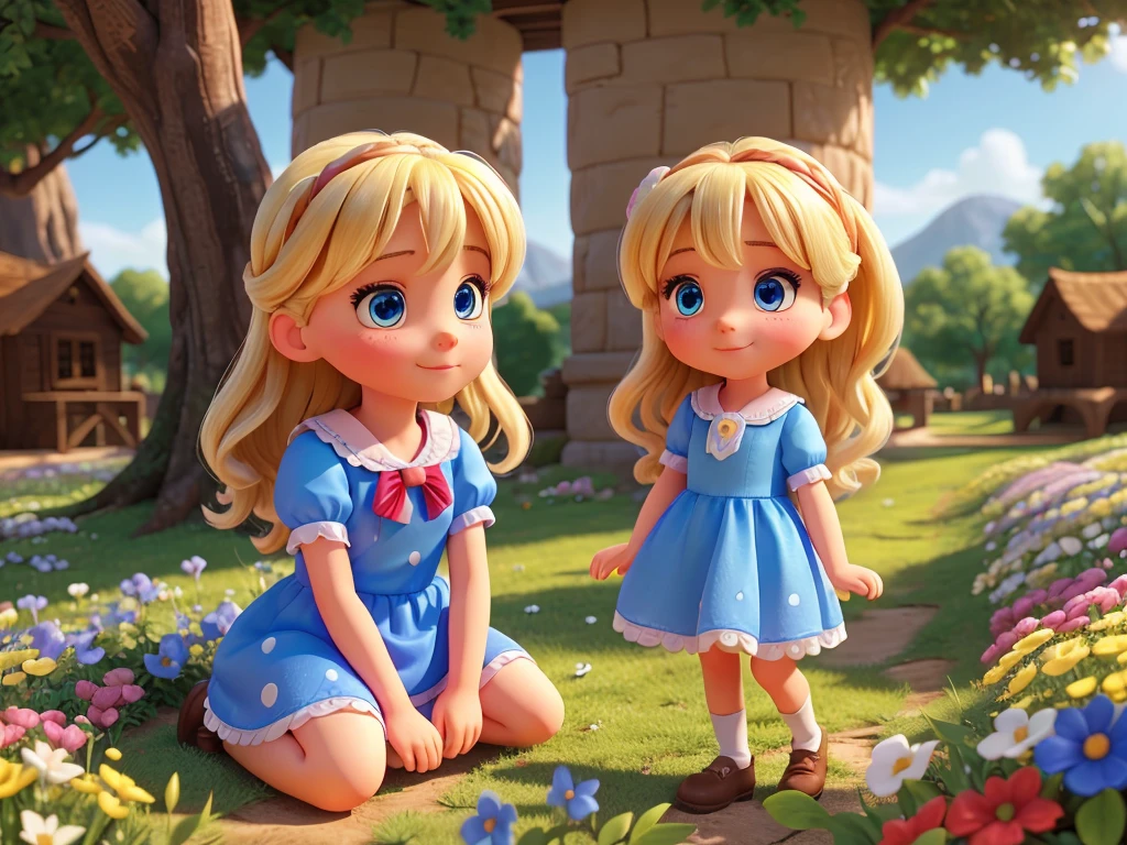 Once upon a time, in the kingdom of wonders, there was a magical place where everything was possible and imagination had no limits. There lived a beautiful girl, blonde with blue eyes, wearing a beautiful blue dress with small soft white polka dots, she also wore a beautiful red bow in her hair, and her name was Mia, who loved exploring and making new friends. One day, while playing in the garden, she found a hole in the middle of a bed of bright, fragrant flowers. Curious as always, she decided to see where the hole would take her. apenas 1 mia