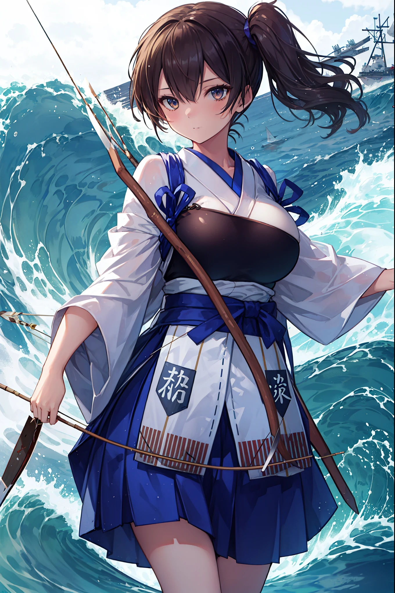 Kaga(Fleet Collection),highest quality, masterpiece, High resolution,kimono,blue skirt,side ponytail,big_breasts,solo,Japanese_bow&arrow,dynamic_posing,half_eyes,solo,plump,sea_landscape_background,waves