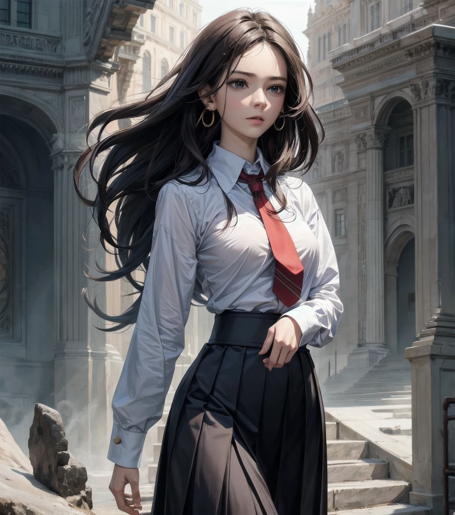absurdres, RAW photo, extremely delicate and beautiful, masterpiece, Best Quality, ultra high resolution, 32k, hyperrealistic, ultra-detailed, Very detailed CG 8k wallpaper, detailed background, landscape, Beautiful Lighting, Perfect Lightning, Realistic Shadows, perfect anatomy, anatomically correct, ideal ratio body proportions, perfect figure, Perfect Style, Perfect balance, super Detailed skin, in her 30s, very Slim body, narrow waist, very small head, very small face, delicate facial features, handsome detailed woman, very detailed eyes and face, realistic face proportions, Realistic beautiful face, Realistic beautiful eyes, tearful mole, earring, whole body shot, very huge round tits, medium hair, asymmetrical hair, wavy hair, outdoor, red tie, School_uniform skirt,
