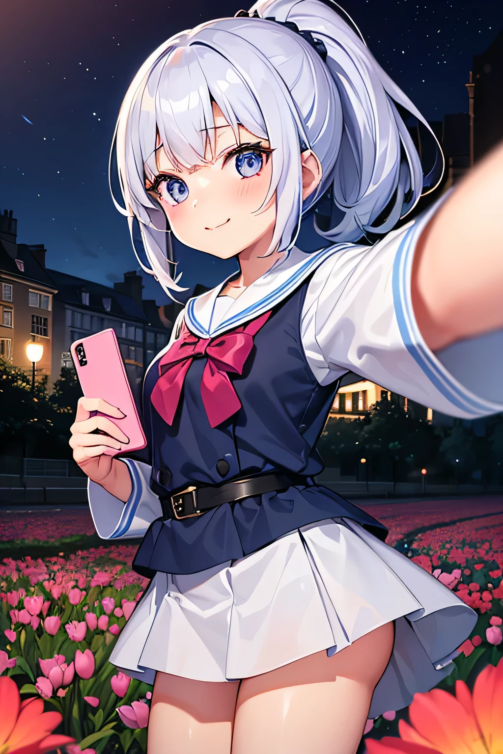 Highest quality、High resolution、Detailed Background、(Beautiful face in every detail:1.4)、Anatomically correct、(Normal number of fingers:1.2)、Highly detailed face、(Detailed eyes:1.2)、Teenage beauty、Huge breasts、Perfect body line、Light color hair、Braided bob cut、ponytail、Wavy Hairstyle、well-groomed eyebrows、Shiny navy blue sailor suit、White sailor collar、Checkered pleated skirt、White Stockings、School trip、A big smile、smile、In a joking manner、Huis Ten Bosch、Tulip Fields、Fantasy、(night、illumination:1.5)、Romantic night、
(Three girls taking a selfie with a famous spot in the background:1.5)、
Huis Ten Bosch is located in Sasebo, Nagasaki Prefecture.、It is a large-scale theme park that seems to recreate a European cityscape.、
Tulip Fields, illumination, and other seasonal々The beautiful scenery spreads out before you, and there are plenty of attractions that can be enjoyed by both adults and children.、In winter, the entire park is illuminated with brilliant lights.、光のトンネルや光の庭園などFantasyな空間が広がりRomantic nightを過ごすことができます、cute