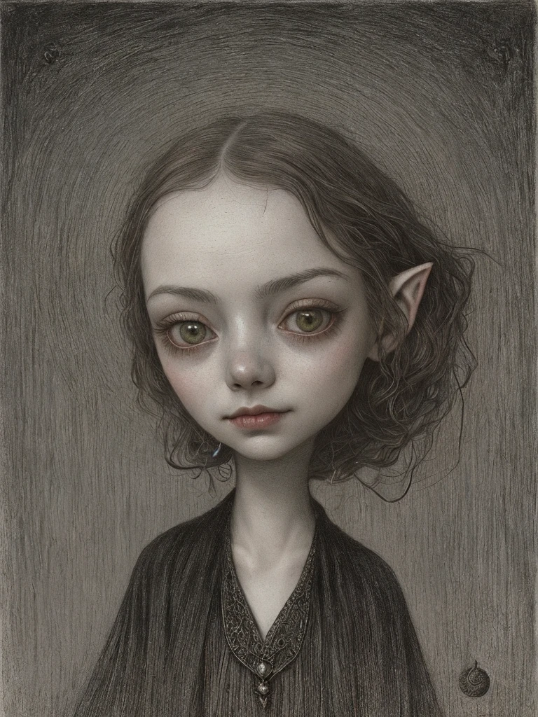 A closeup of a drawing of a beautiful woman, inspired by Santiago Caruso, inspired by Alfred Kubin, Styled by Mark Ryden, Mark Ryden in the style of, alien portrait, Old - Dark School Fantasy Art, Portrait of an elf, Anton Semenov, portrait of emma stone, Portrait of an alien, inspired by William Stout