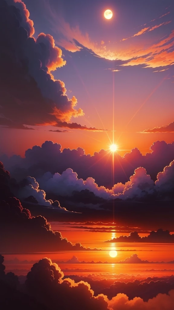 Anime style, HD Quality, masterpiece, The sun begins its descent behind the darkening horizon. Image: The sun lowering in the sky, painting the mesmerizing clouds with shades of orange pink and purple,