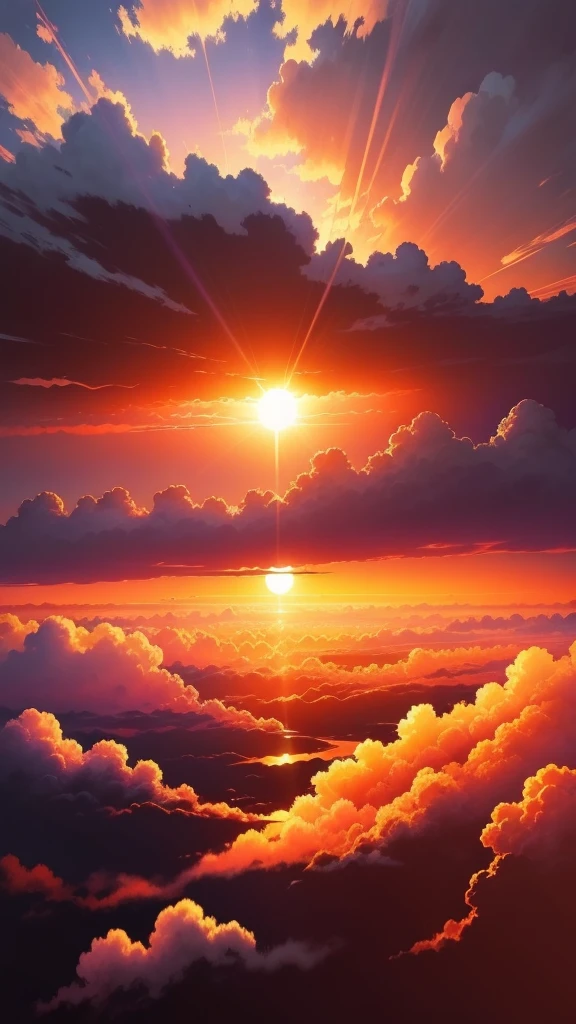 Anime style, HD Quality, masterpiece, The sun begins its descent behind the darkening horizon. Image: The sun lowering in the sky, painting the mesmerizing clouds with shades of orange pink and purple,