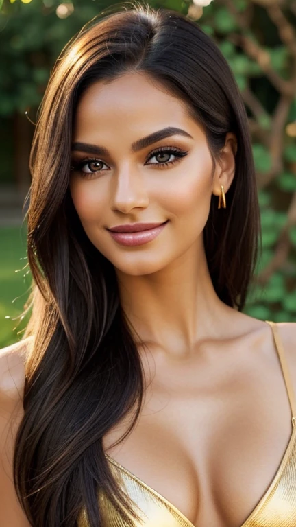 lhr piercing eyes, looking straight, very happy, retrato em close, detailed face and body LOreal makeup with shiny gold eyeshadow striking black eyeliner and nude lipstick the skin is smooth and radiant with a healthy glow outdoors sunny day natural makeup sincere pose friendly smile natural light wind in hair scenic background,generous neckline