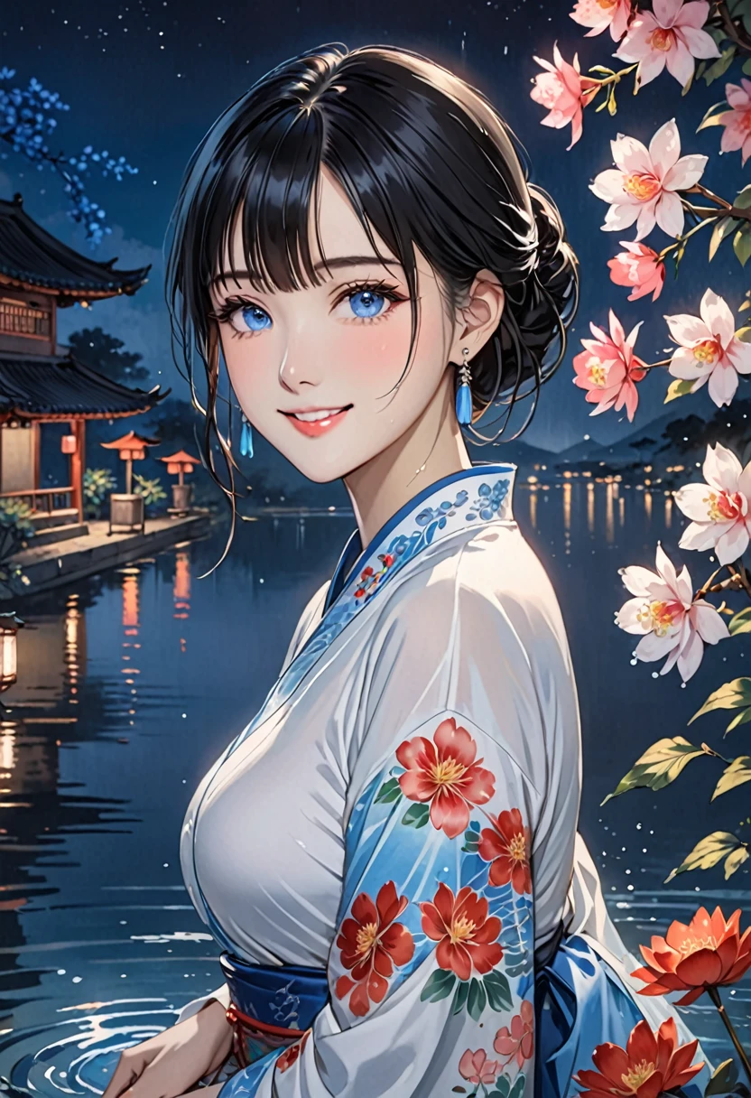 hinese traditional painting, 1girl,blue eyes,solo,black hair,bangs,looking at viewer,hair between eyes,water,closed mouth,holding,long sleeves,flower,wet,jewelry,short hair,earrings,standing,night,outdoors,blush,long hair,smile,arm support,breasts,