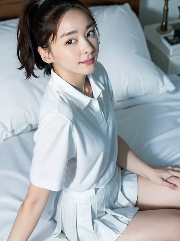 (Masterpiece, Best quality: 1.4), (Ultra realistic, Photo-realistic: 1.2), From above, Full body, Sitting, Looking at viewer, Natural light, 28 years old actress, Japanese women, Neat and clean, ((Wearing white tennis uniform, White short-sleeve polo shirt with collar, Not buttoning the polo shirt, White pleated tennis skirt: 1.3)), (Wearing white sock: 1.1), (Ponytail: 1.2), (Beautiful face), Oval face, clear, Beautiful eyes, Kind eyes, Clear skin, Small face, Beautiful mouth, Small mouth, Natural makeup, Approachable, Seductive smile, (Seductive pose: 1.3), (Beautiful thighs: 1.2), Bedroom eyes, Embarrassed, Blush, Luxury hotel Suite room, On bed,