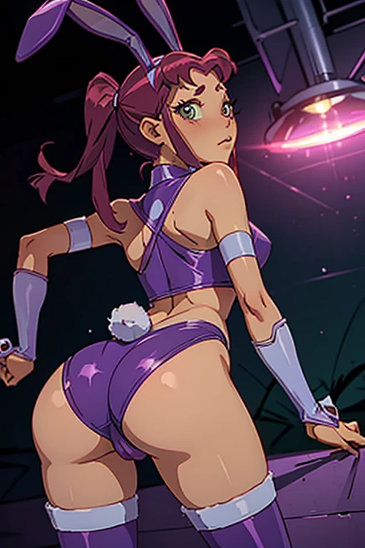 Starfire sexy, view from behind, provocative, pink fitted bunny costume , (rabbit tail), (rabbit ears) In puppy pose,(view from behind) (backward) (big ass) in a dark room with red lights