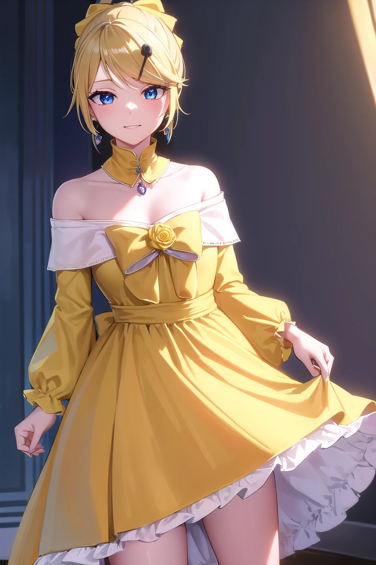 riliane, riliane, blonde hair, blue eyes, ponytail, short hair, parted bangs, smile, grin, BREAK bow, bracelet, dangle earrings, detached collar, dress, (yellow dress:1.5), dress bow, earrings, flower, flower brooch, frilled dress, frills, gown, hair bow, hair ornament, hairclip, jewelry, long sleeves, necklace, off shoulder, off-shoulder dress, pendant, sash, wide sleeves,
BREAK cowboy shot, looking at viewer,  (open dress, bare shoulders, nipples, bare legs, nsfw, pussy:1.4),
BREAK indoors,
BREAK (masterpiece:1.2), best quality, high resolution, unity 8k wallpaper, (illustration:0.8), (beautiful detailed eyes:1.6), extremely detailed face, perfect lighting, extremely detailed CG, (perfect hands, perfect anatomy),