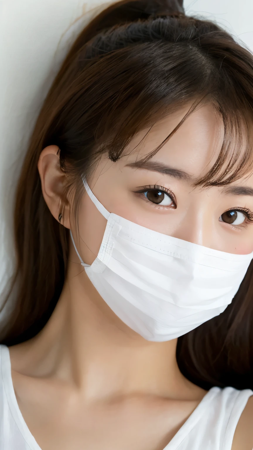 (Real, High resolution:1.3), A young woman lying down,Perspective: Top-down view,Facial Features: Wearing a white face mask, straight brown hair with bangs,Clothing: White sleeveless top, slightly pulled down revealing her chest,Pose: Relaxed, lying on her back,Environment: Indoor, casual setting, Lighting: soft, even lighting without harsh shadows, Details: The focus is on the woman, with the rest of the environment being minimalistic and not distracting,