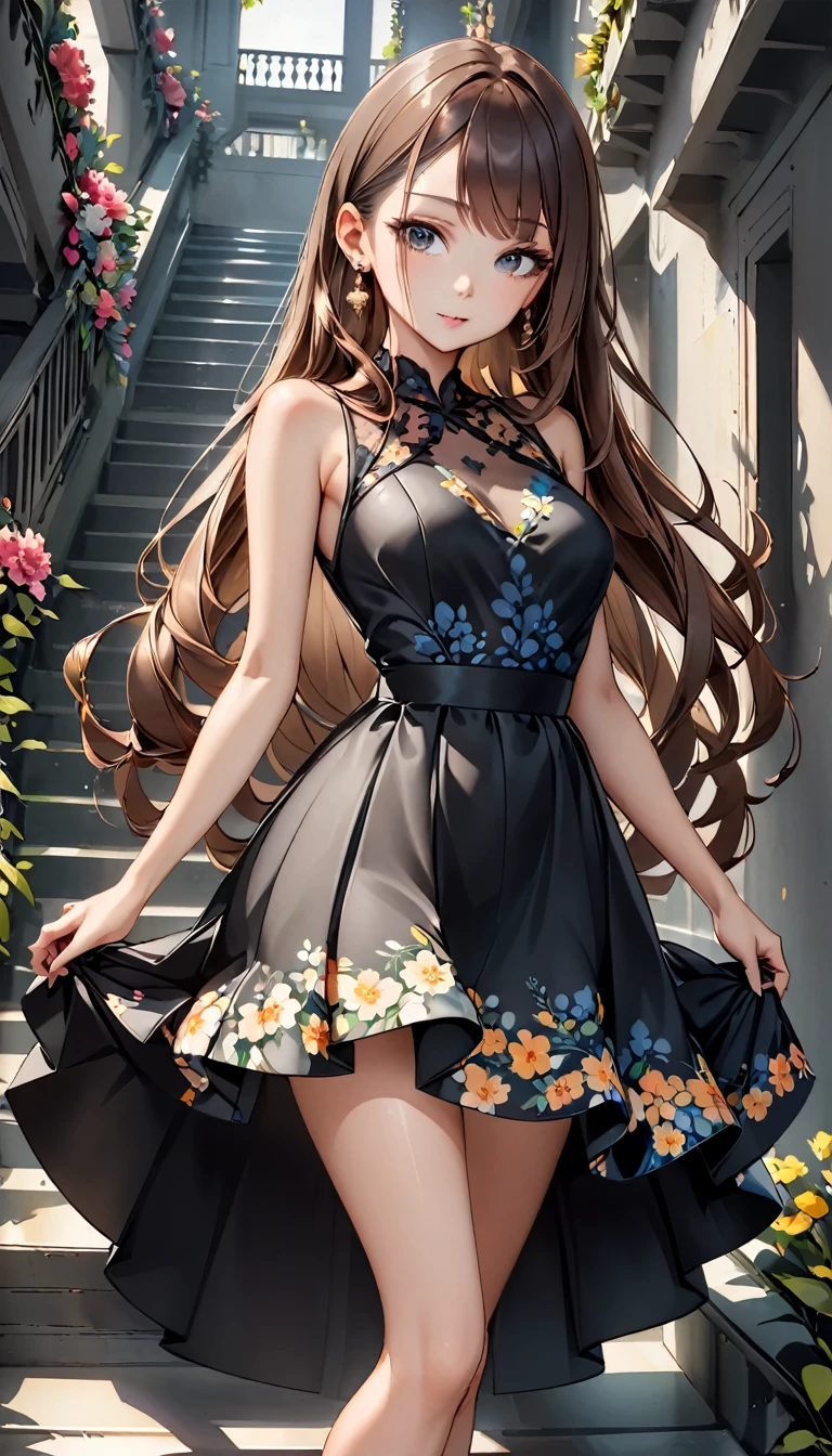 1girl, solo, long hair, looking at viewer, brown hair, dress, jewelry, standing, earrings, sleeveless, black dress, sleeveless dress, floral print, stairs