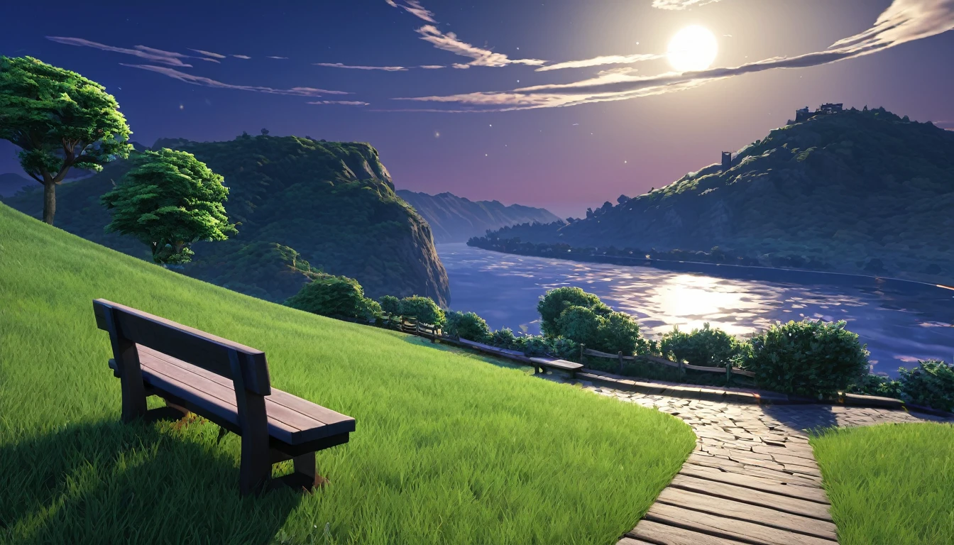 A masterpiece from EbonyGoldAI, 最high quality, high quality, High resolution, (((Beautifully detailed skies))), growなeur, Cottage, growな(grow, wonderful), vision(View), wonderful光景, High resolution, ((Best Shadow)), Realistic, nature, scenery, cloud, Mountain, Grass, rock, hill, cliff, wood, Sidewalk, Background only, Night Sky, moonlight, ((Very detailed)), (Best illustrations), ((Very delicate and beautiful)), Dynamic Angle, river, Trail, bench, 最high qualityの画像品質, quiet, far_Away